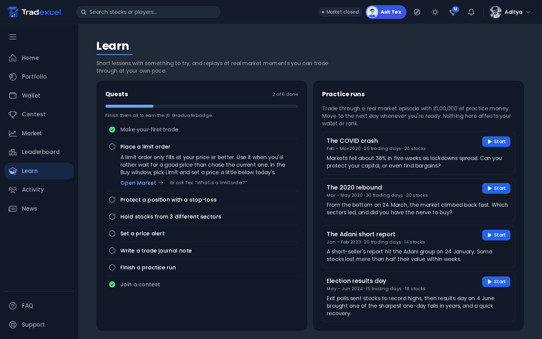 The Learn page with quests and practice runs